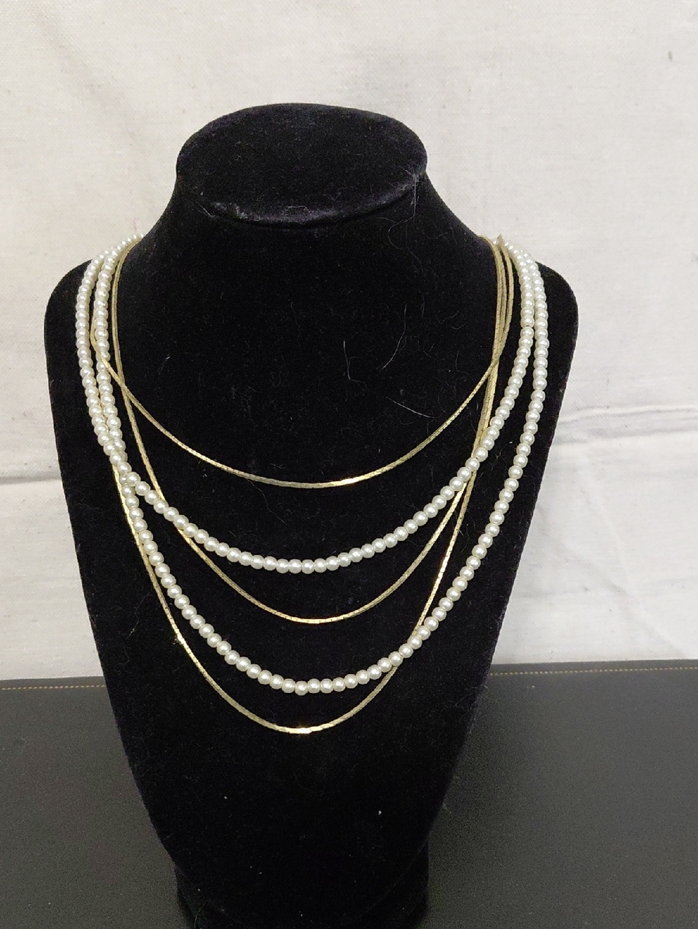 Vintage Layered Gold and White Pearl Multi-Strand Necklace